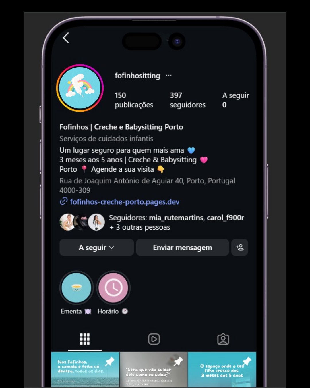 Pré-visualização do perfil de Instagram dos Fofinhos com o logótipo novo na fotografia de perfil.